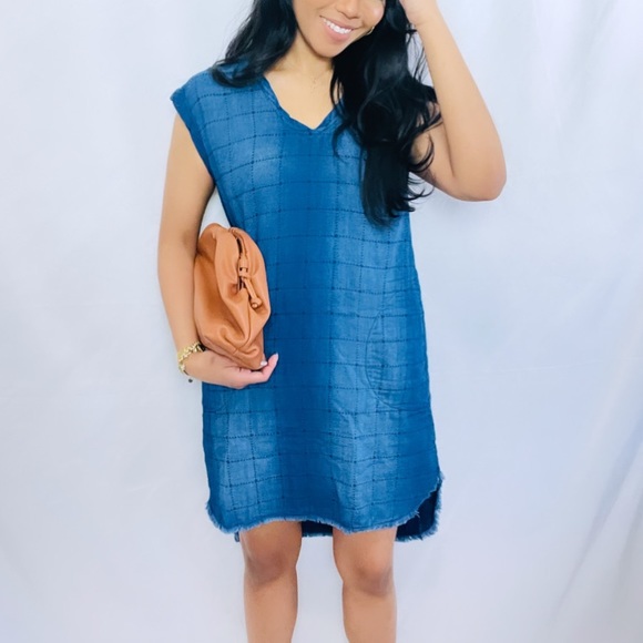 Anthro Cloth & Stone | Blue 100% Cotton Sleeveless Cross Stitch Sheath Dress - Picture 10 of 11